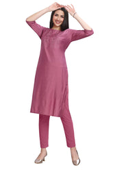 Plain Silk Knee-Length Kurti with Embroidered yoke